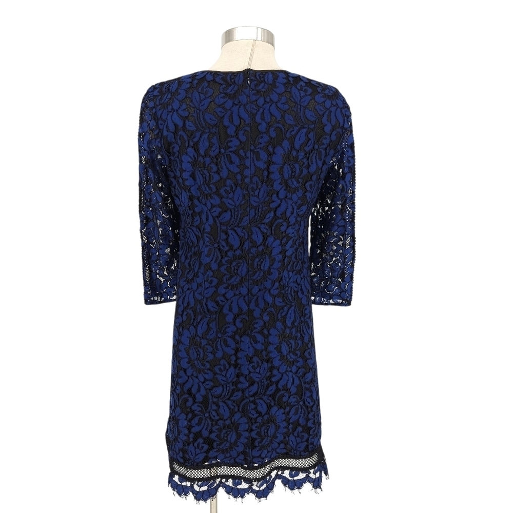 Eliza J Fit Flare Dress Blue Black Lace Sheer 3/4 Sleeve Zip Back Lined 8 - Picture 4 of 8